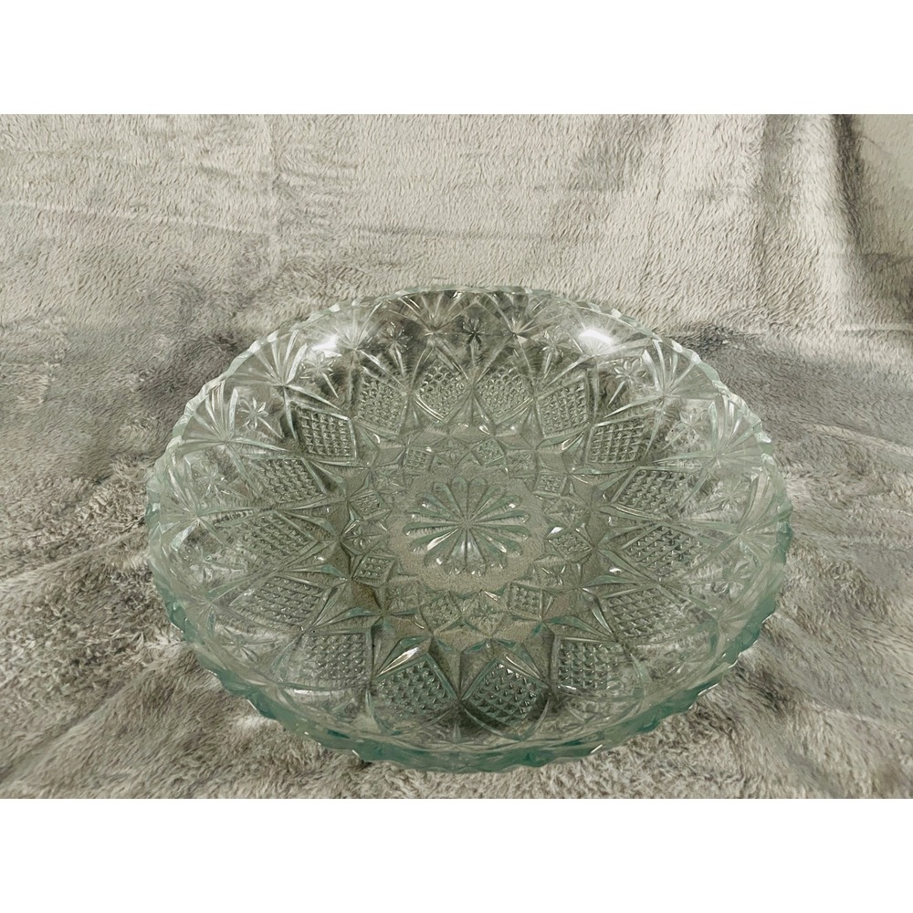 Vintage Pressed Glass Serving Bowl Clear Starburst‎ Pattern 10.5"